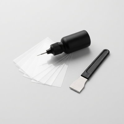 VANFOSSEN GlassFix windshield repair kit: resin applicator, curing films and razor blade