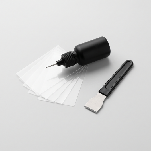VANFOSSEN GlassFix windshield repair kit: resin applicator, curing films and razor blade